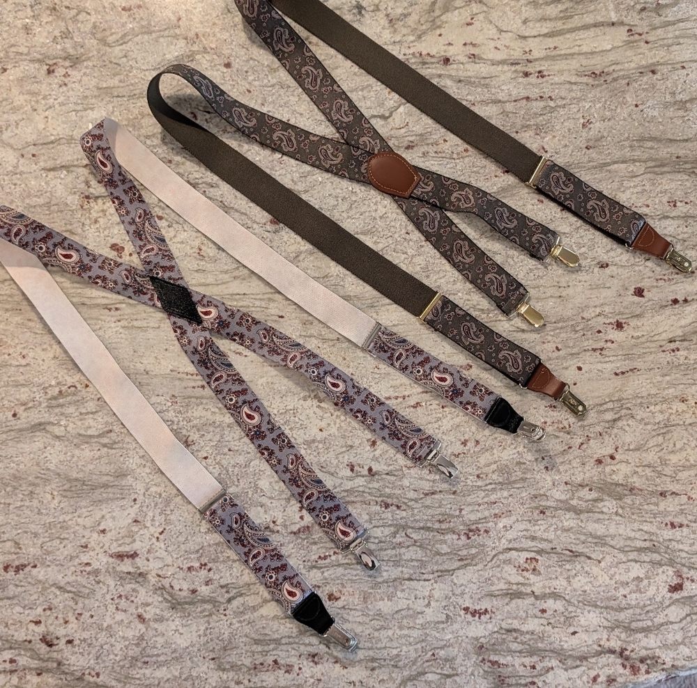 Men's Paisley Suspenders Set Of Two 1 Gray & 1 Olive Green Vintage Adjustable